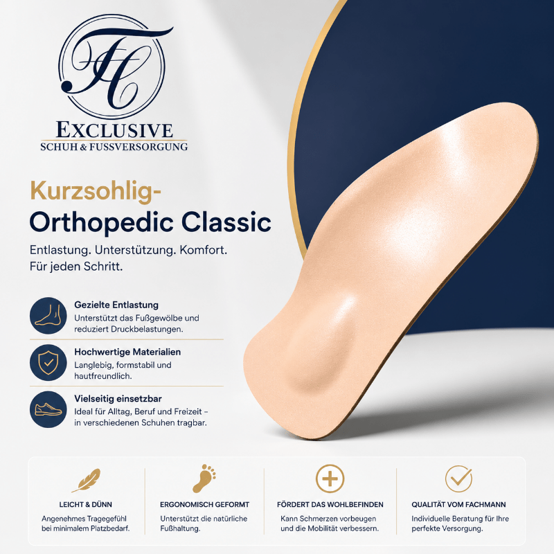 Kurzsohlige Orthopedic Classic Einlage – Komfort und Unterstützung für jeden Schritt Orthopädische Kurzsohleneinlage „Orthopedic Classic“ von EXCLUSIVe Schuh & Fußversorgung zur Entlastung des Fußgewölbes und Verbesserung des Tragekomforts.