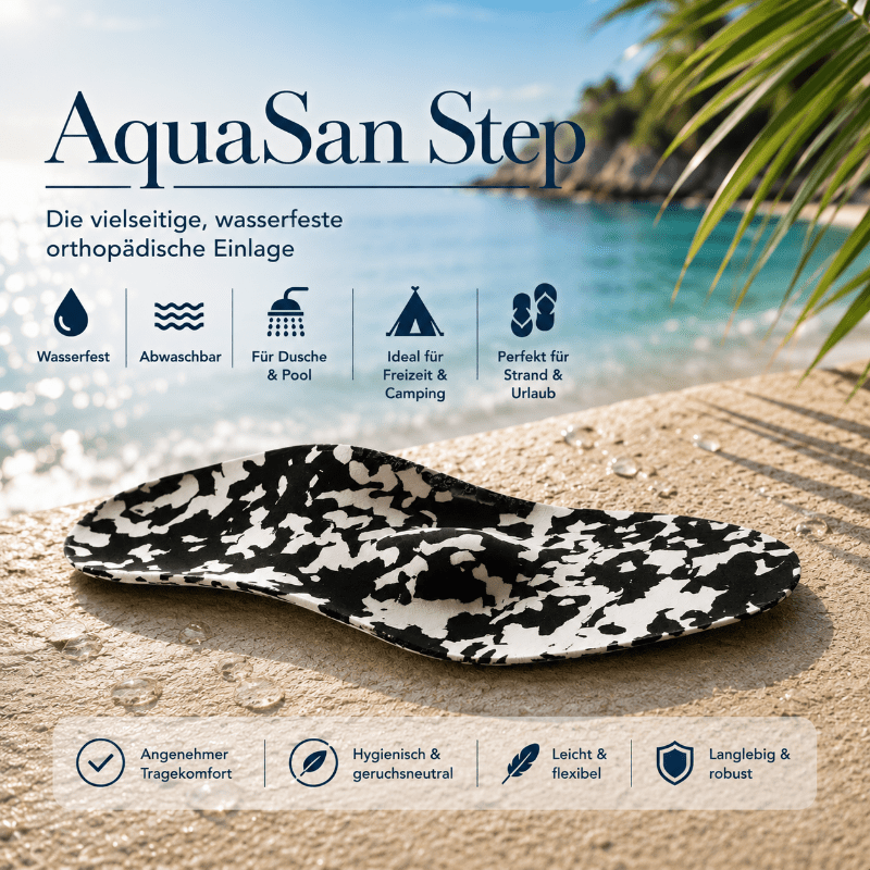 AquaSan Step – Wasserfeste orthopädische Einlage für Strand, Pool, Camping und Freizeit.