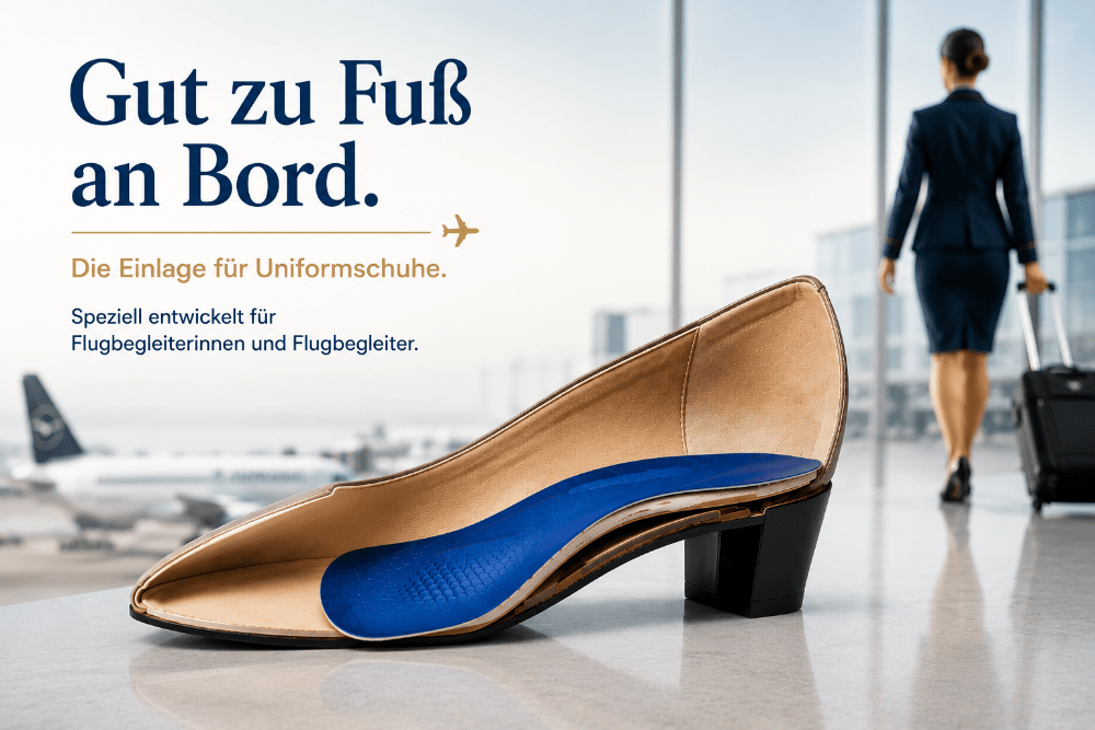 Gut zu Fuß an Bord – Die Einlage für Uniformschuhe. Uniformschuh mit individuell angepasster Einlage für Flugbegleiterinnen und Flugbegleiter vor einem Flughafenhintergrund.