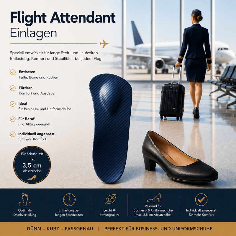 Flight Attendant Einlagen nach Maß für Business- und Uniformschuhe bis 3,5 cm Absatzhöhe.