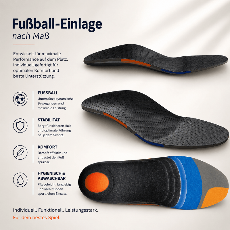 Orthopädische Fußball-Einlage nach Maß für optimale Stabilität, Komfort und maximale Performance auf dem Fußballplatz. Bildbeschreibung