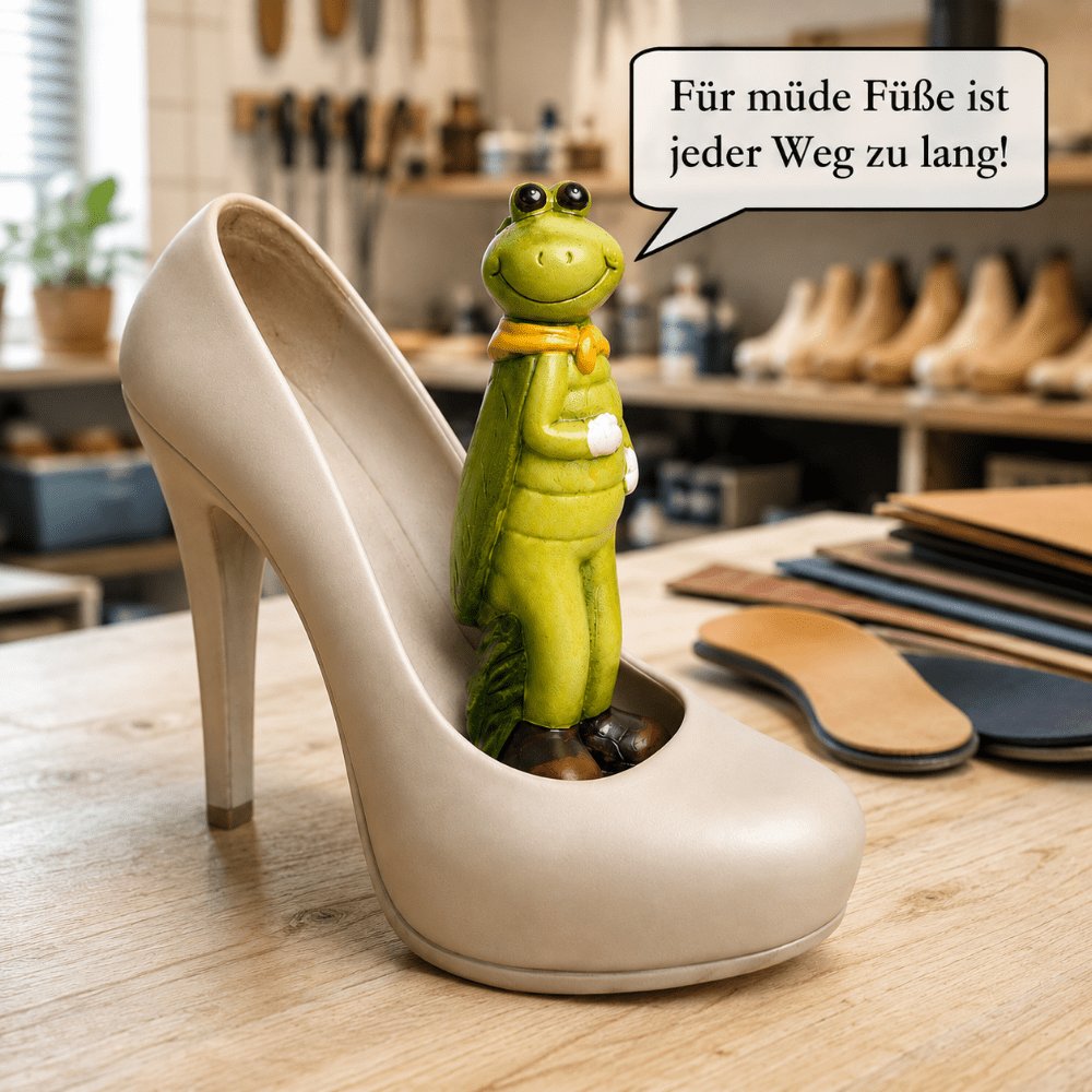High Heel mit Froschfigur und dem Spruch „Für müde Füße ist jeder Weg zu lang!“