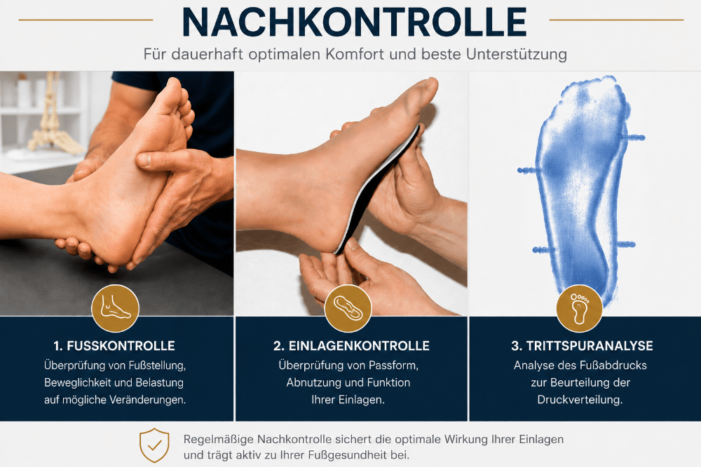 Nachkontrolle orthopädischer Einlagen mit Fußkontrolle, Einlagenkontrolle und Trittspuranalyse