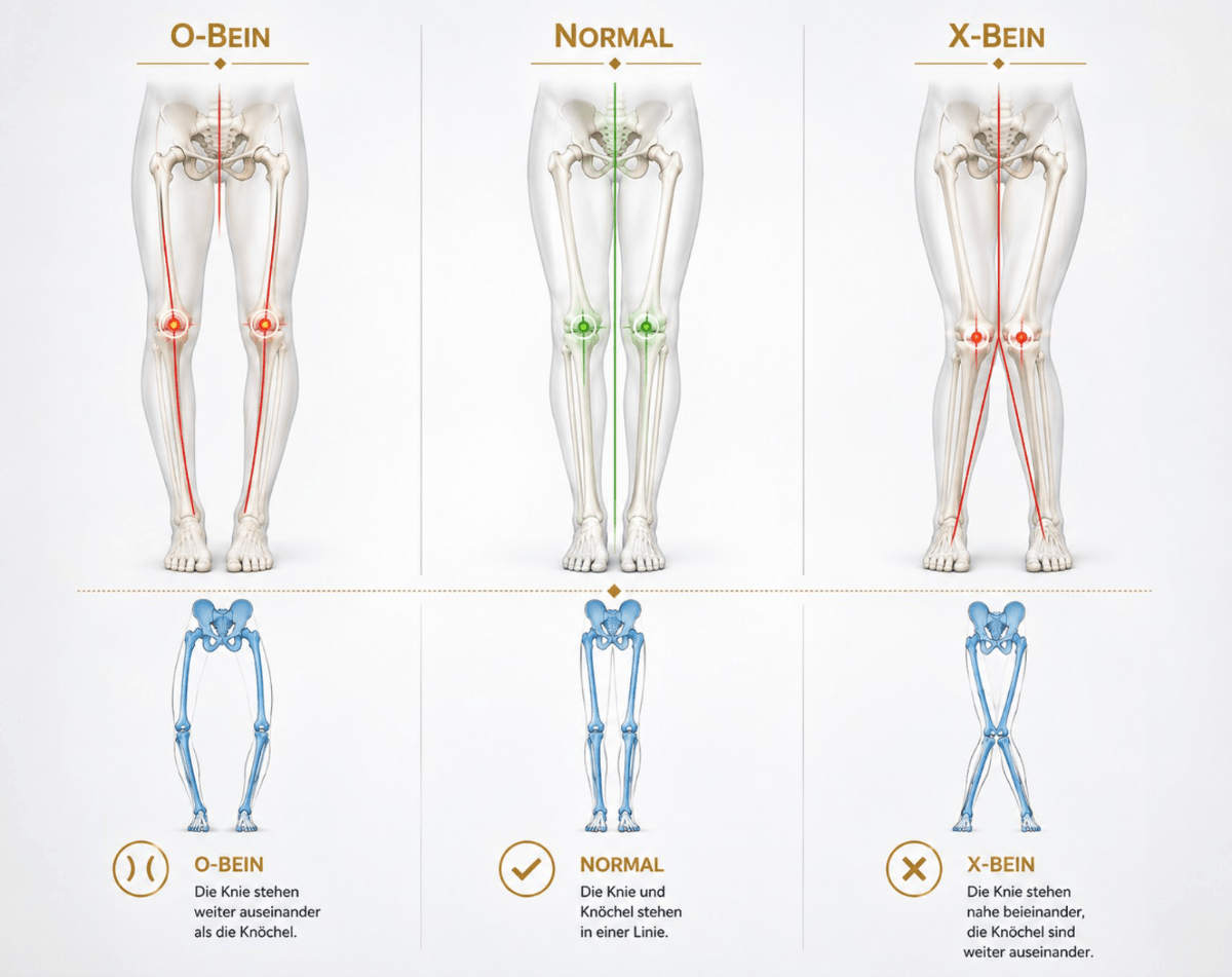 Grafische Darstellung von O-Beinen, Normalstellung und X-Beinen mit Beinachsen, Kniegelenken und Skelettvergleich.