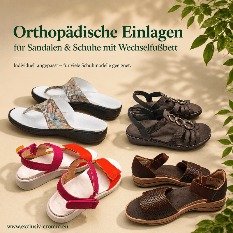 Orthopädische Einlagen nach Maß für Sandalen und Schuhe mit Wechselfußbett – individuell angepasst für optimalen Tragekomfort.
