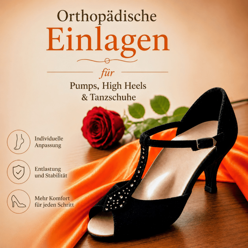 Eleganter Tanzschuh mit orthopädischer Einlage nach Maß für Pumps, High Heels und Tanzschuhe zur Entlastung des Vorfußes und für mehr Tragekomfort.