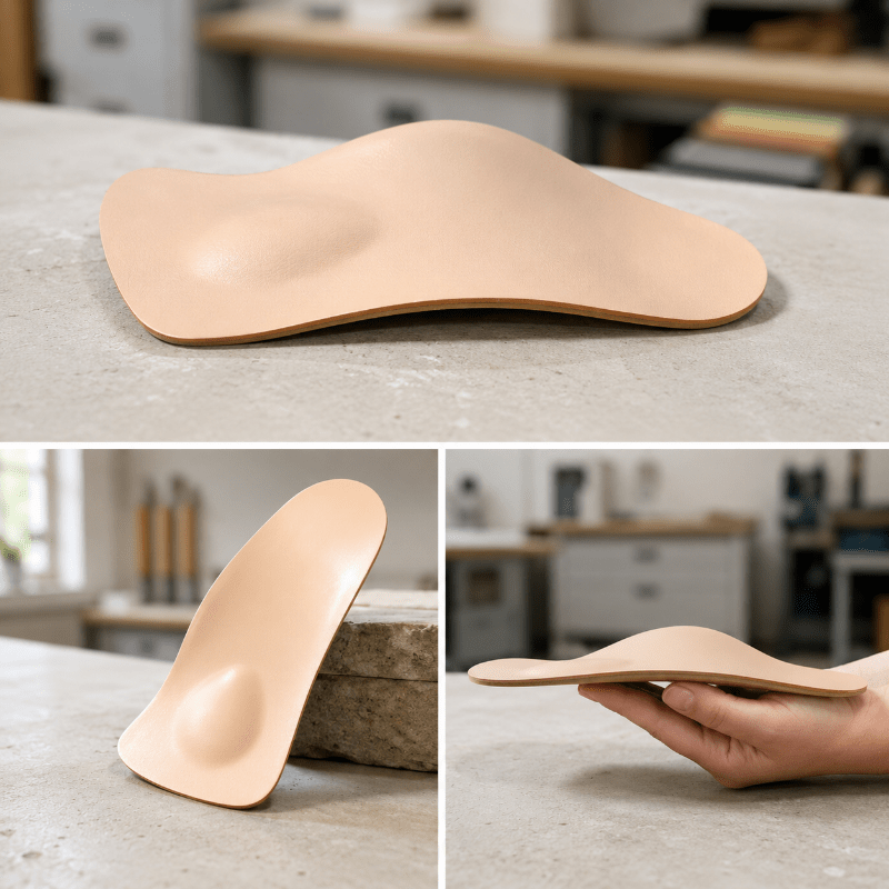 Orthopädische Kunststoff-Ledereinlage nach Maß mit hochwertigem Lederbezug für optimalen Komfort und Stabilität.