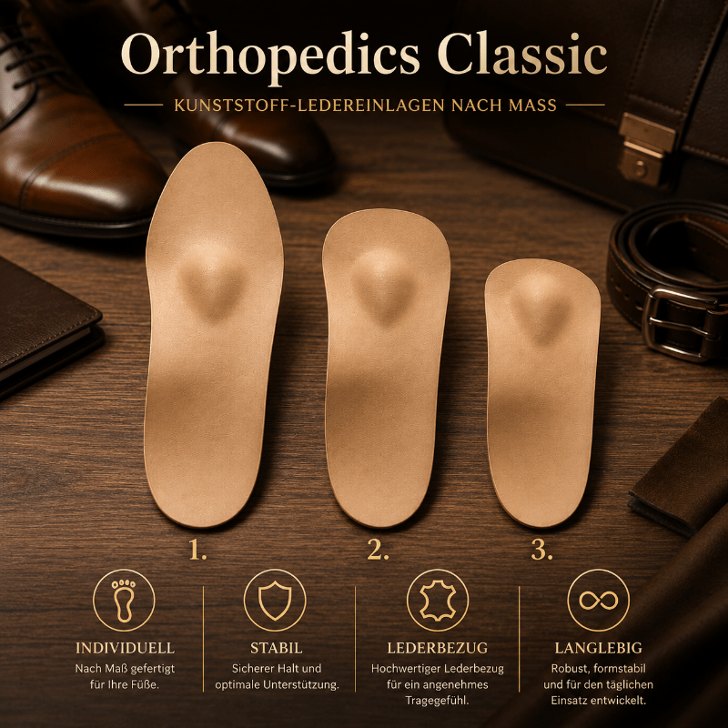 Orthopedics Classic – Orthopädische Kunststoff-Ledereinlagen nach Maß als Langsohle, 3/4-Einlage und Kurzeinlage in der Oberansicht.