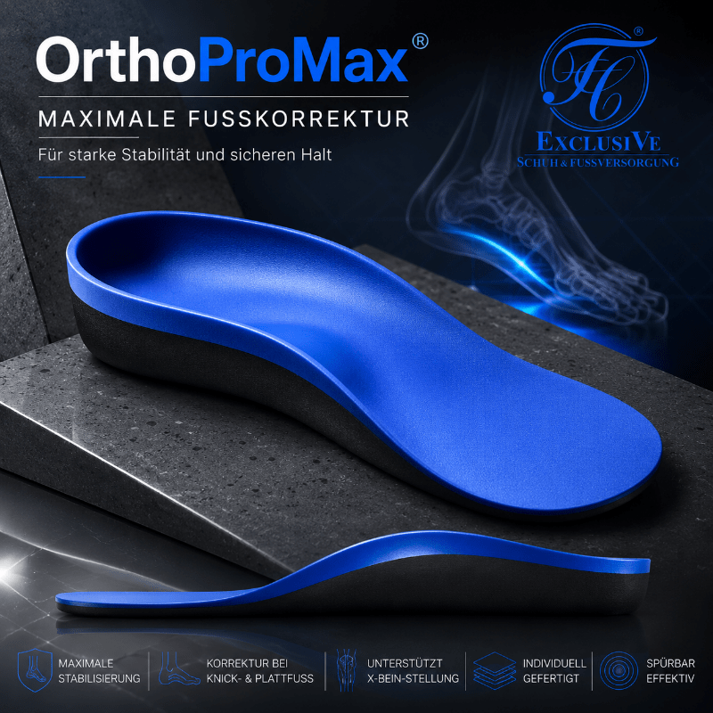 OrthoProMax® Schaleneinlage nach Maß für maximale Stabilisierung bei Knickfuß, Plattfuß und X-Bein-Fehlstellungen.