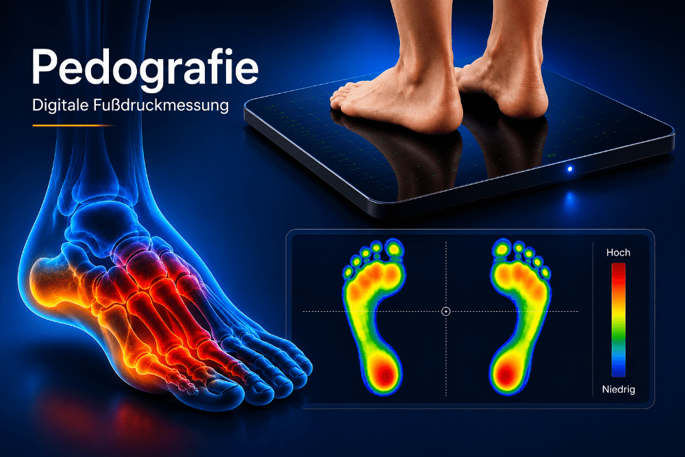 Anatomische Darstellung des Fußes mit digitaler Fußdruckmessung und Visualisierung der Druckverteilung.