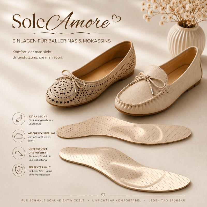 SoleAmore orthopädische Einlagen nach Maß für Ballerinas, Mokassins und flache Business-Schuhe.
