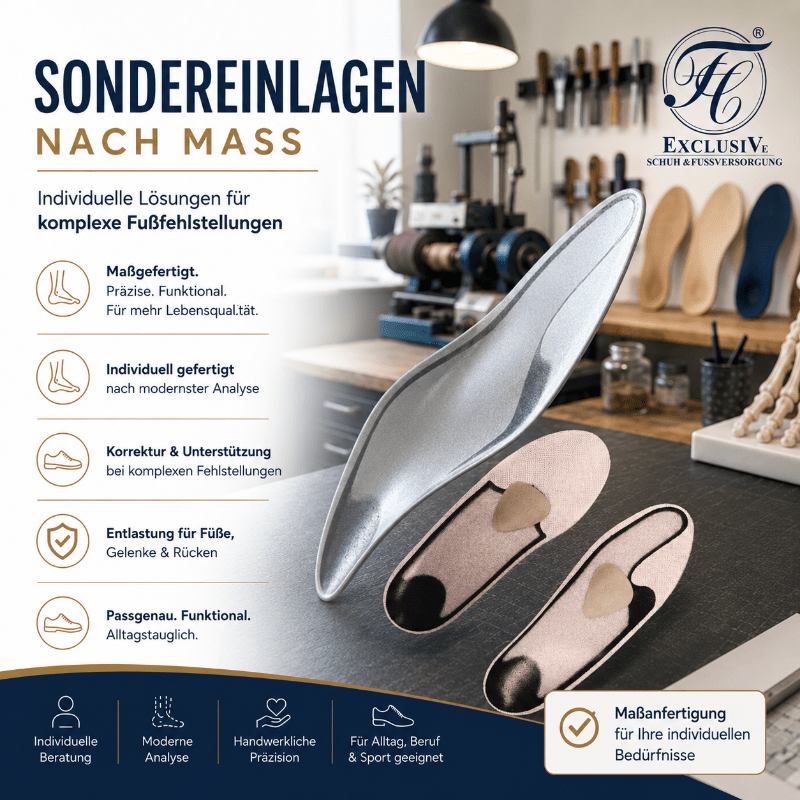 Sondereinlagen nach Maß für komplexe Fußfehlstellungen – individuell gefertigte orthopädische Einlagen aus eigener Werkstatt.
