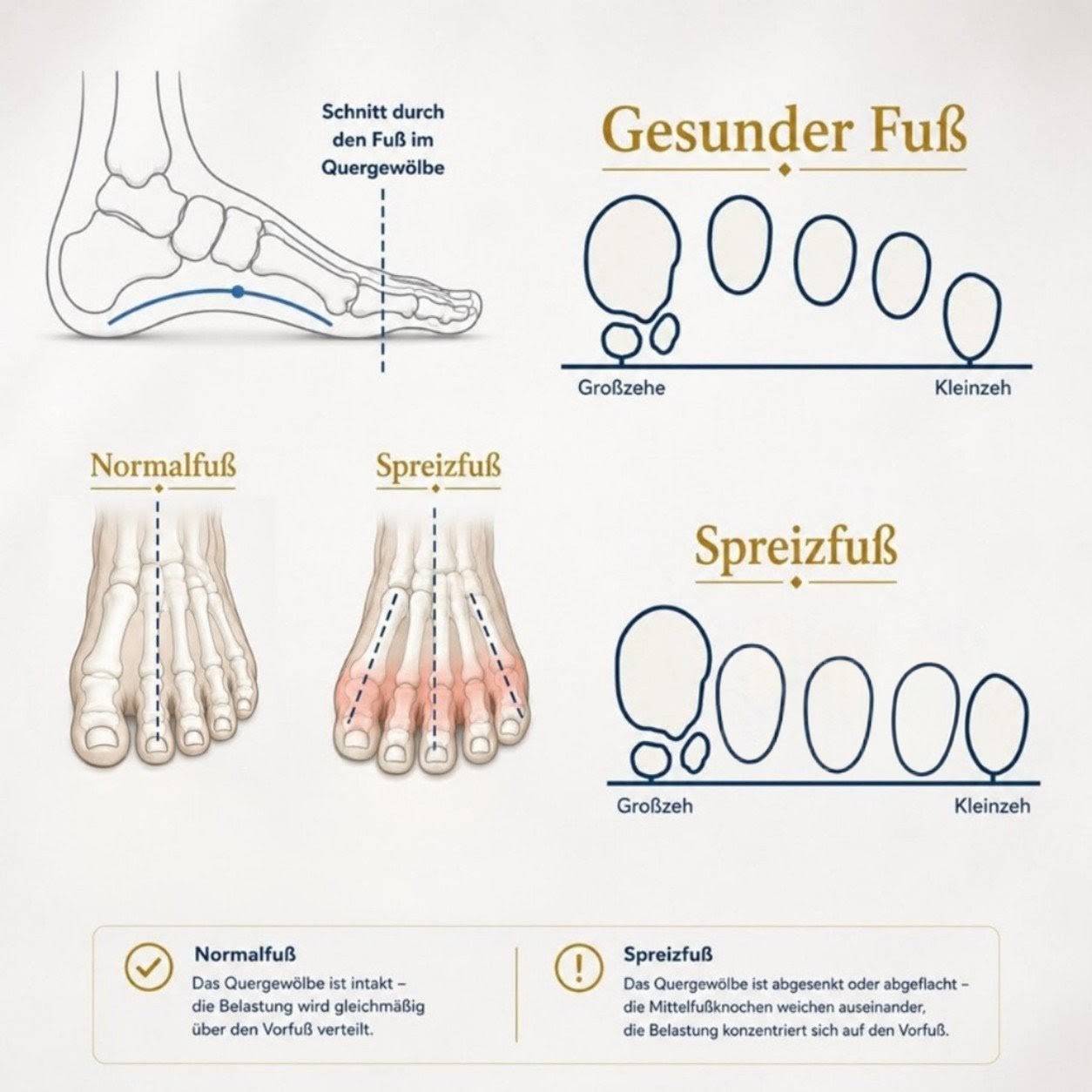 Medizinische Grafik zum Vergleich von gesundem Fuß und Spreizfuß mit Darstellung des Quergewölbes und der Mittelfußknochen.
