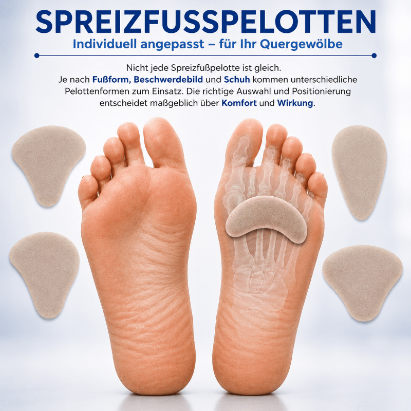 Verschiedene Spreizfußpelotten zur individuellen Entlastung des Vorfußes und Unterstützung des Quergewölbes.