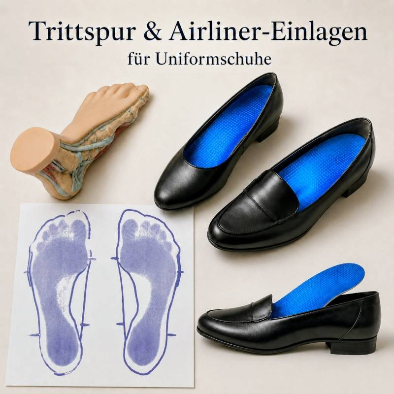 Trittspur, anatomisches Fußmodell und schwarze Uniformschuhe mit blauen Airliner-Einlagen
