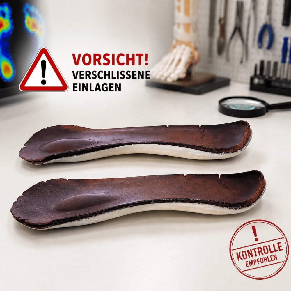 Stark verschlissene orthopädische Einlagen mit dem Hinweis „Kontrolle empfohlen