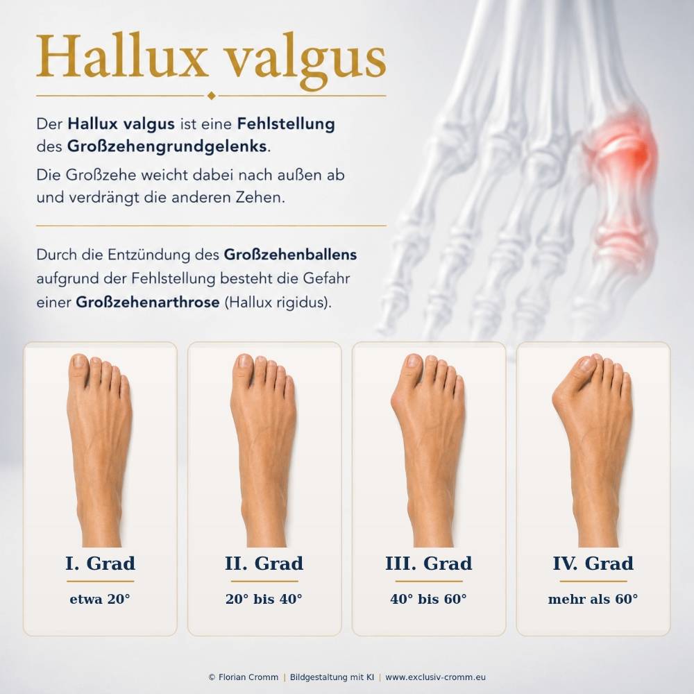 Vier Fußdarstellungen zeigen die zunehmende Ausprägung eines Hallux valgus vom I. bis zum IV. Grad mit den jeweiligen Winkelangaben.