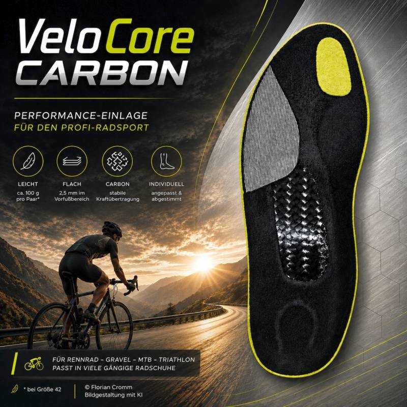 VeloCore Carbon Performance-Einlage mit Carbonverstärkung für Rennrad, Gravel, MTB und Triathlon.